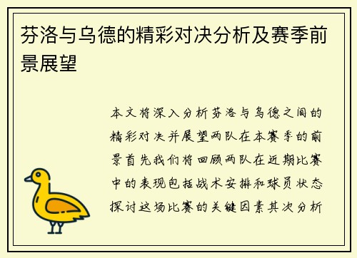芬洛与乌德的精彩对决分析及赛季前景展望