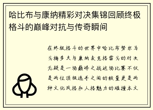 哈比布与康纳精彩对决集锦回顾终极格斗的巅峰对抗与传奇瞬间