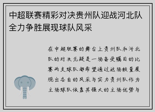 中超联赛精彩对决贵州队迎战河北队全力争胜展现球队风采