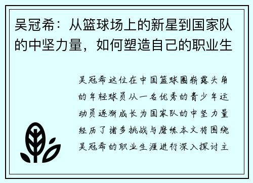 吴冠希：从篮球场上的新星到国家队的中坚力量，如何塑造自己的职业生涯