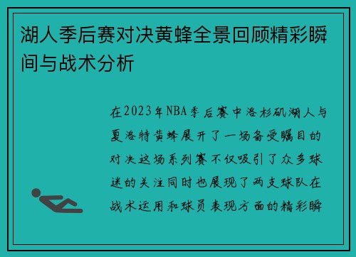 湖人季后赛对决黄蜂全景回顾精彩瞬间与战术分析