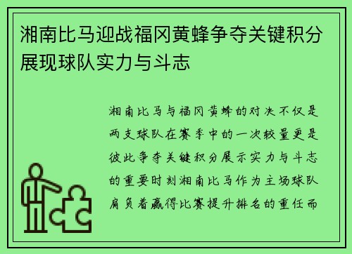 湘南比马迎战福冈黄蜂争夺关键积分展现球队实力与斗志