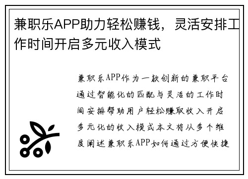 兼职乐APP助力轻松赚钱，灵活安排工作时间开启多元收入模式