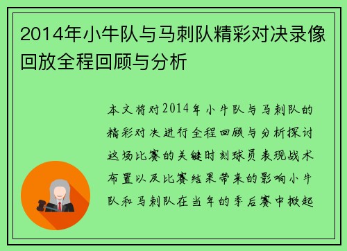 2014年小牛队与马刺队精彩对决录像回放全程回顾与分析
