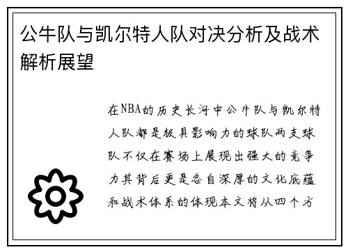 公牛队与凯尔特人队对决分析及战术解析展望