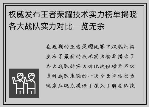 权威发布王者荣耀技术实力榜单揭晓各大战队实力对比一览无余