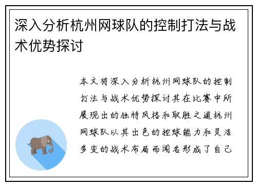 深入分析杭州网球队的控制打法与战术优势探讨