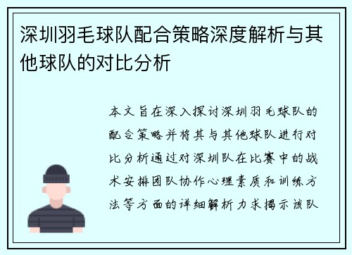 深圳羽毛球队配合策略深度解析与其他球队的对比分析