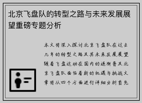 北京飞盘队的转型之路与未来发展展望重磅专题分析