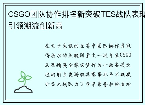 CSGO团队协作排名新突破TES战队表现引领潮流创新高