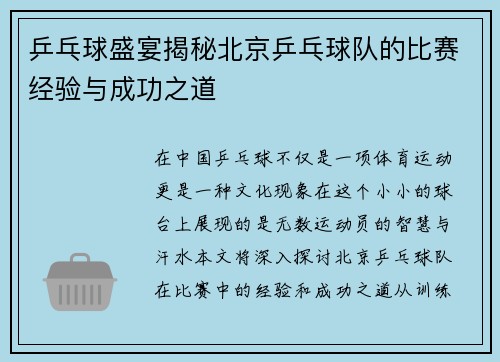 乒乓球盛宴揭秘北京乒乓球队的比赛经验与成功之道