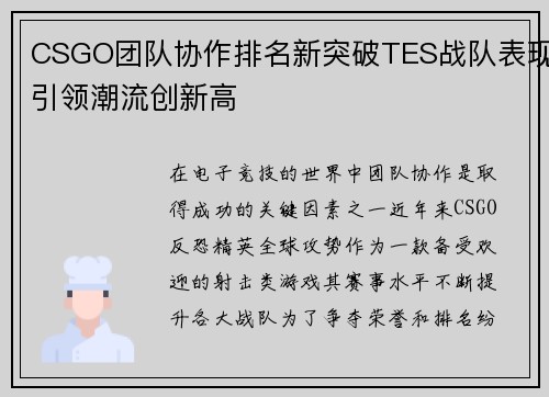 CSGO团队协作排名新突破TES战队表现引领潮流创新高