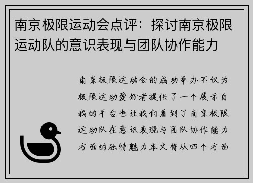 南京极限运动会点评：探讨南京极限运动队的意识表现与团队协作能力