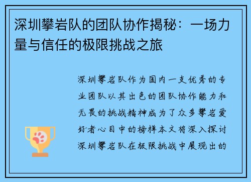 深圳攀岩队的团队协作揭秘：一场力量与信任的极限挑战之旅