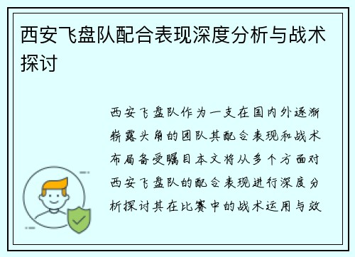 西安飞盘队配合表现深度分析与战术探讨