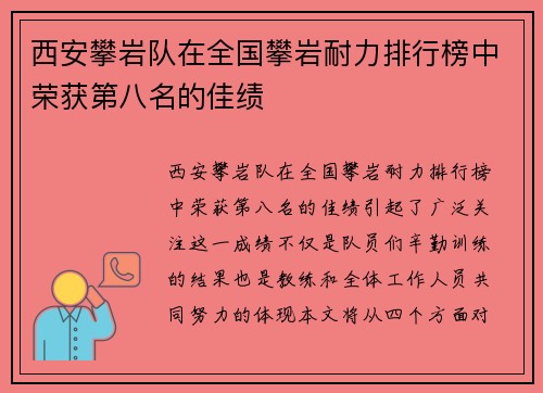 西安攀岩队在全国攀岩耐力排行榜中荣获第八名的佳绩