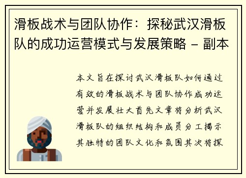 滑板战术与团队协作：探秘武汉滑板队的成功运营模式与发展策略 - 副本
