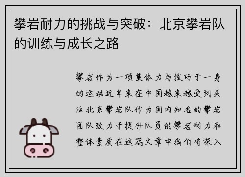 攀岩耐力的挑战与突破：北京攀岩队的训练与成长之路